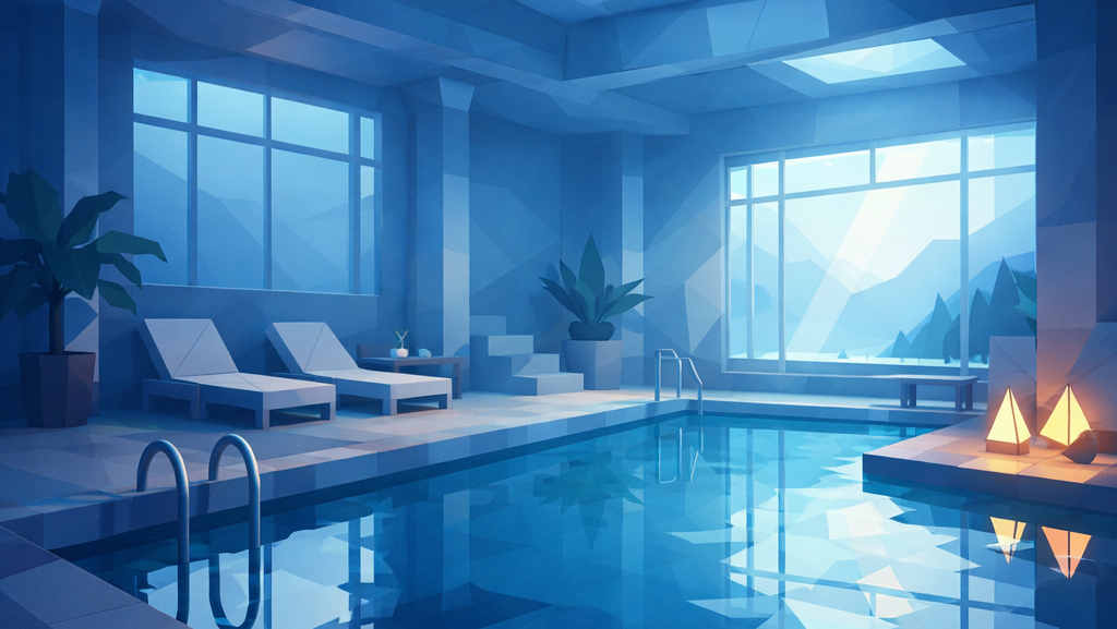 Indoor swimming pool with lounge chairs, plants, and large windows showing mountains