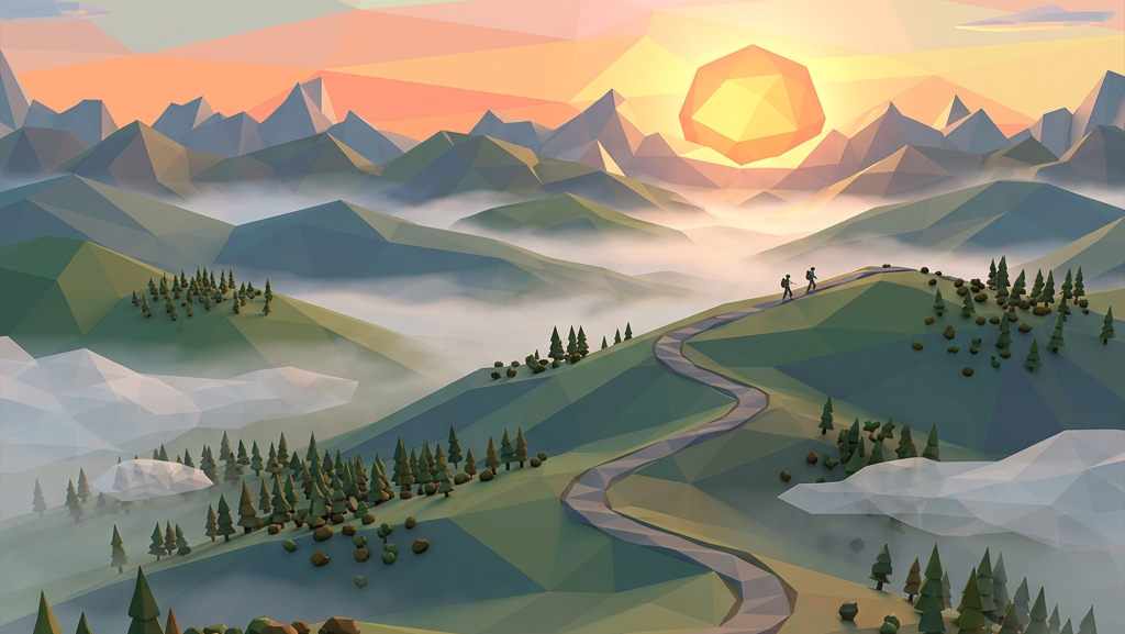 Low-poly landscape with winding path, green hills, hikers, and sun rising behind mountains