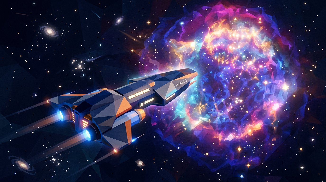 Polygonal spaceship Astrabeus flying toward colorful cosmic nebula with stars
