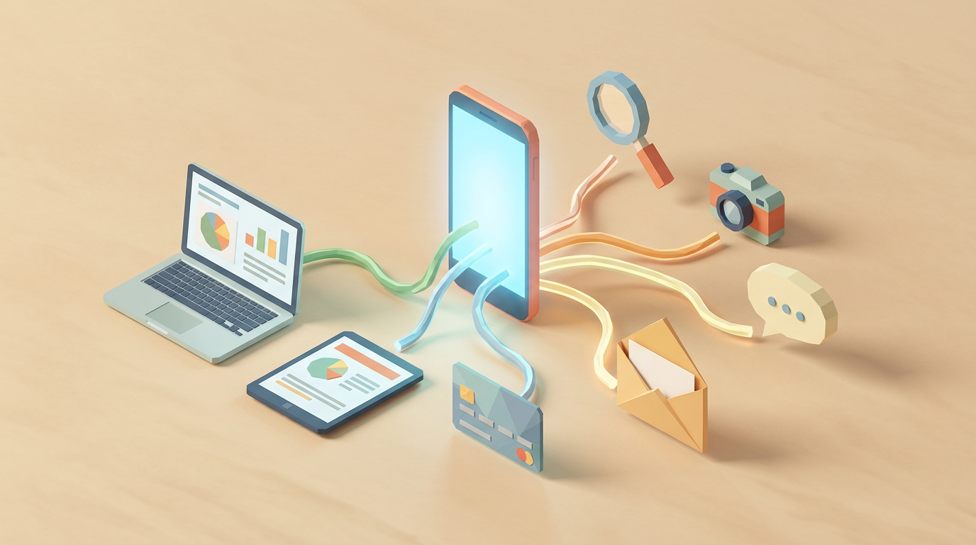 Laptop, smartphone, tablet, camera, magnifying glass, chat bubble, and envelope connected by colorful lines